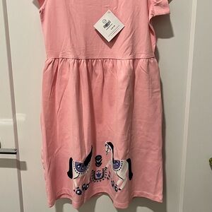 Hanna Andersson Short-sleeved Pink Dress with Horses, NWT, Sz 6-7